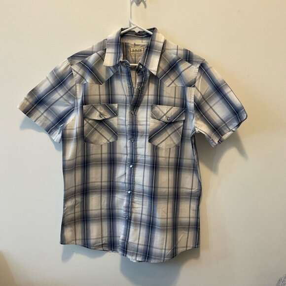 For Him U.K. blue white Plaid button up Shirt short sleeve Size L - Picture 1 of 7